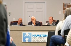 Staff photo by Abby White / On Oct. 9, 2025, Hamilton County school board members Ben Daugherty, left, Joe Smith and Gary Kuehn listen to speakers. A month after not securing the votes, Hamilton County school board members voted Thursday to allow Chattanooga Preparatory School to increase its enrollment.