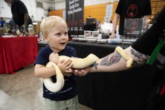 Staff file photo by Seth Carpenter / Pierce Walker, 2, holds Mr. Peely, a banana pied ball python, with help from his dad, Jesse Walker, during an exotic pet expo at Camp Jordan on June 20, 2026. An exotic pet expo is set for 9 a.m.-5 p.m. Saturday and 10 a.m.-4 p.m. Sunday at Camp Jordan, 323 Camp Jordan Parkway.