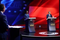Pool photo via Atlanta News First/WANF / Former Atlanta Mayor Keisha Lance Bottoms, a Democrat, and Republican Rick Jackson participated in a town hall-style debate Tuesday at the Atlanta News First studio.