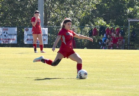 Staff photo by Patrick MacCoon / Signal Mountain junior Caroline Usrey scores on a 28-yard free kick in Saturday's 3-1 home win against Murfreesboro Central in a TSSAA Class AA sectional.