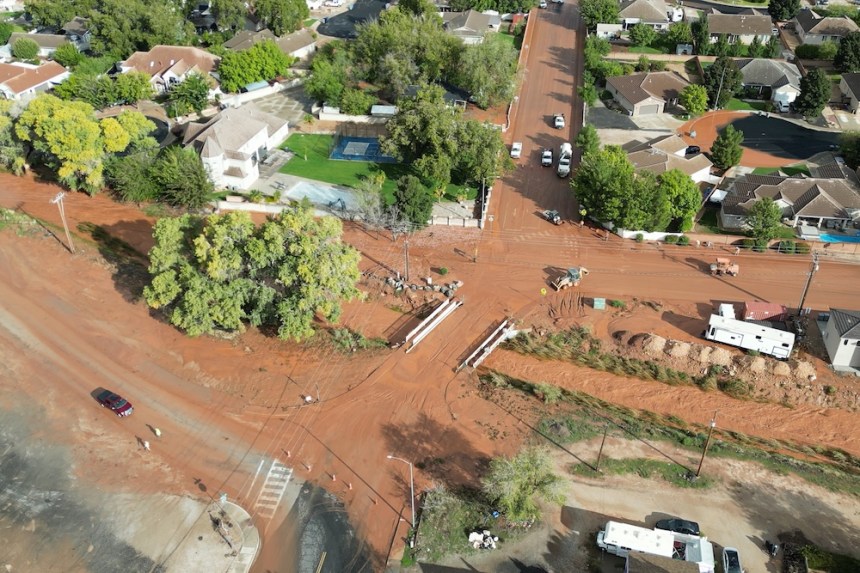 This image taken from video provided by Landon Christensen shows flooding in the Gould Wash drainage watercourse in Hurricane, Utah, Thursday, Oct. 22, 2026. (Landon Christensen via AP)